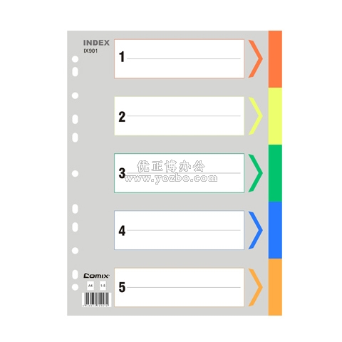 齊心 膠質彩色分類索引紙 (11孔，五色) IX901 A4
